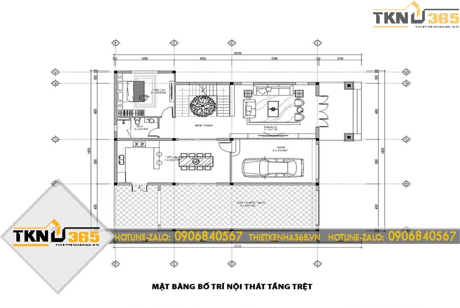 Mặt bằng tầng trệt biệt thự 2 tầng bố trí gara, phòng khách, bếp ăn và một phòng ngủ khoa học, thuận tiện cho sinh hoạt hàng ngày