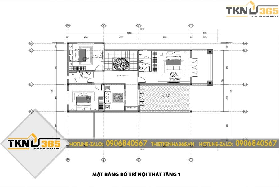 Mặt bằng tầng lầu biệt thự 2 tầng sắp xếp ba phòng ngủ, phòng sinh hoạt chung và sân thượng, đáp ứng nhu cầu nghỉ ngơi của gia đình