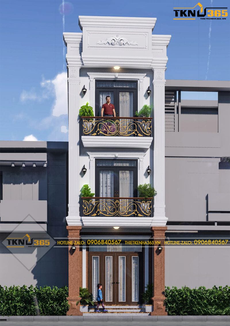 Mặt tiền nhà phố 3 tầng phong cách tân cổ điển với hệ cột đối xứng, phào chỉ tinh gọn và ban công sắt mỹ thuật sang trọng
