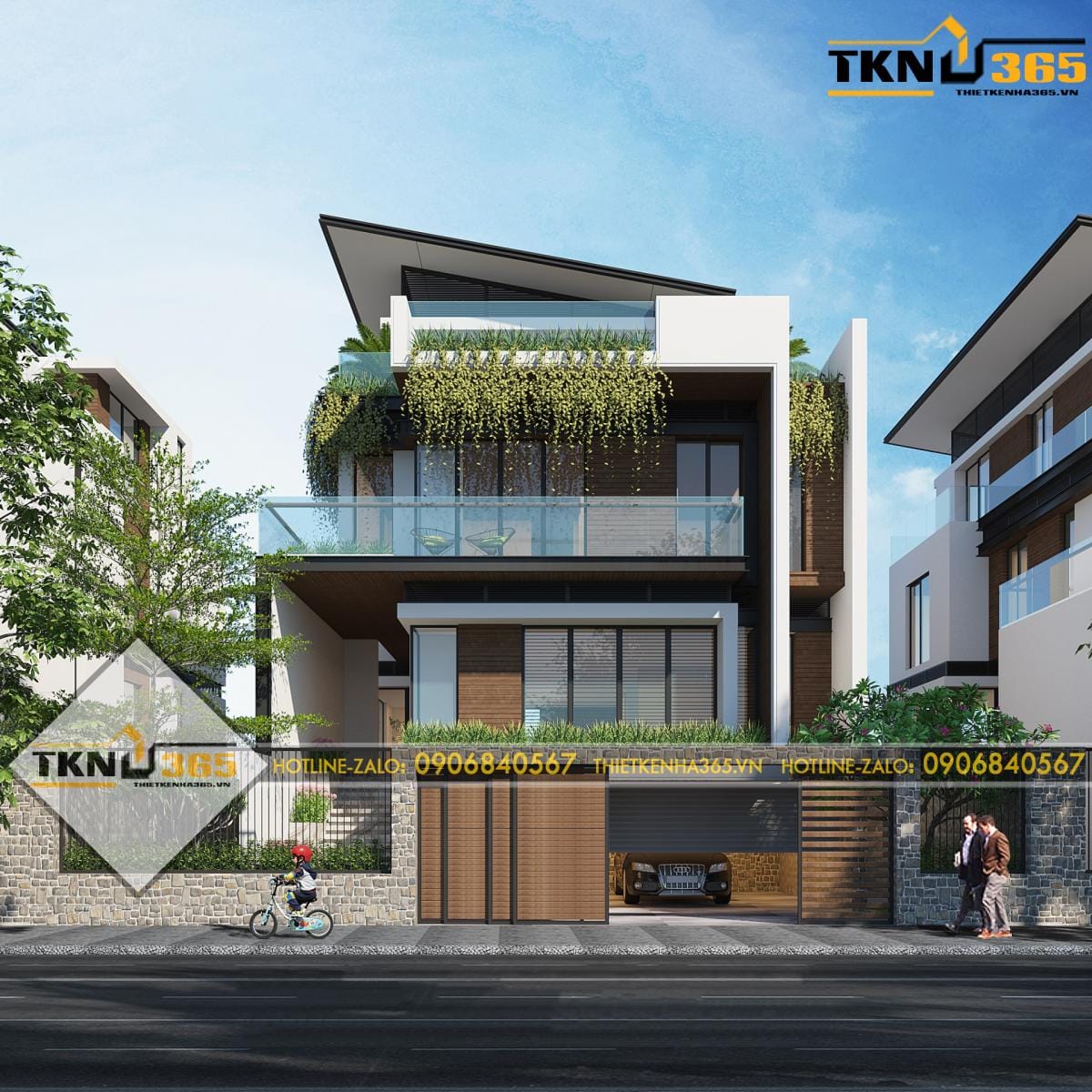 Biệt thự 3 tầng có hầm nổi bật với hệ mái dốc lệch, ban công kính và nhiều mảng cây xanh