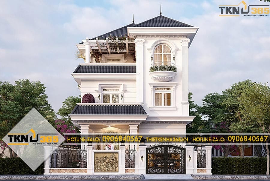 Biệt thự 3 tầng tân cổ điển nổi bật với hệ cột lớn, mái Nhật giật cấp và gam màu trắng sang trọng đặc trưng của kiến trúc Pháp