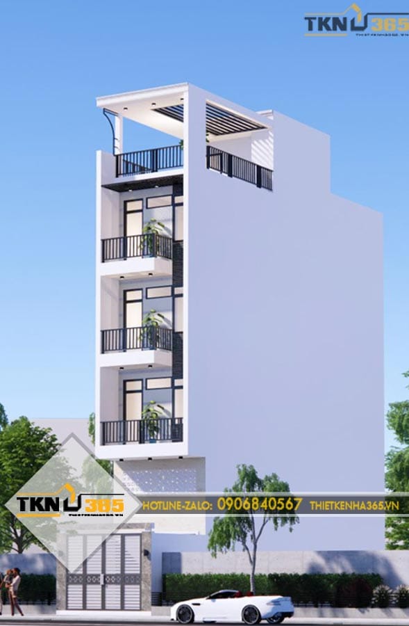 Nhà phố 5 tầng nổi bật với hình khối vuông vức, thiết kế ban công và sân thượng rộng phục vụ nhu cầu thư giãn