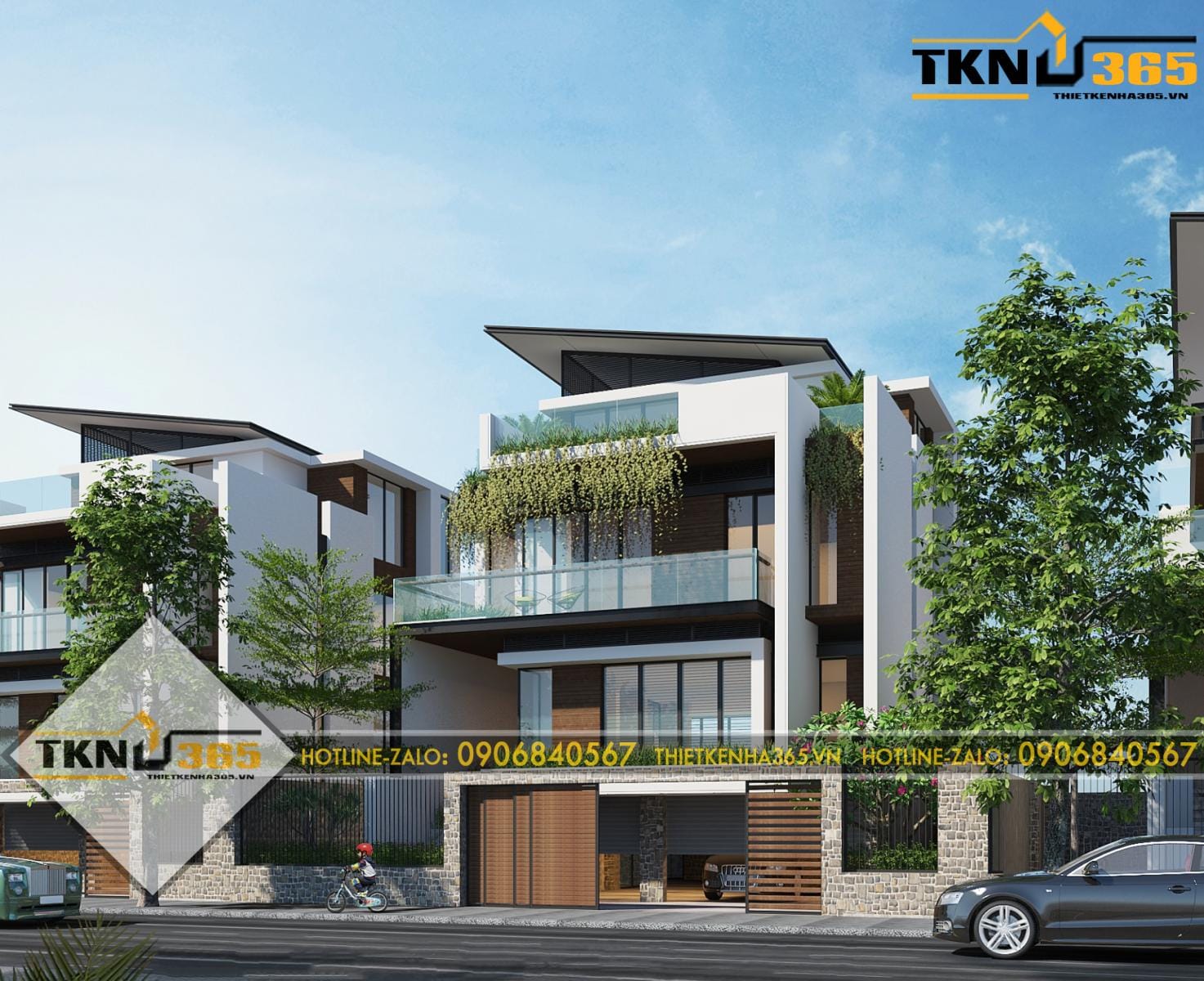 Biệt thự 3 tầng có hầm sử dụng gam màu trắng kết hợp gỗ ốp và đá tự nhiên tạo vẻ đẹp sang trọng