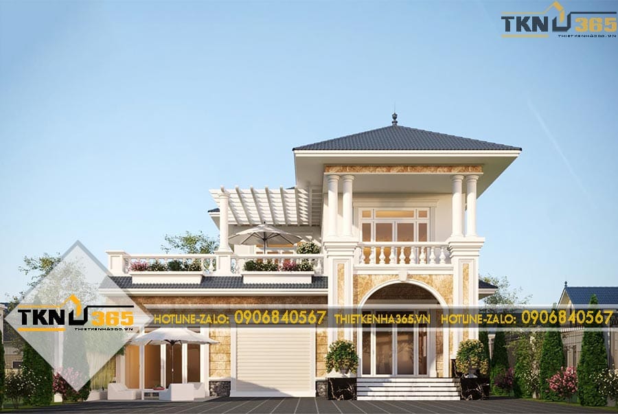 Mặt tiền biệt thự 2 tầng sử dụng hệ cột lớn, mái Nhật cân đối và sân thượng pergola mở rộng không gian thư giãn ngoài trời