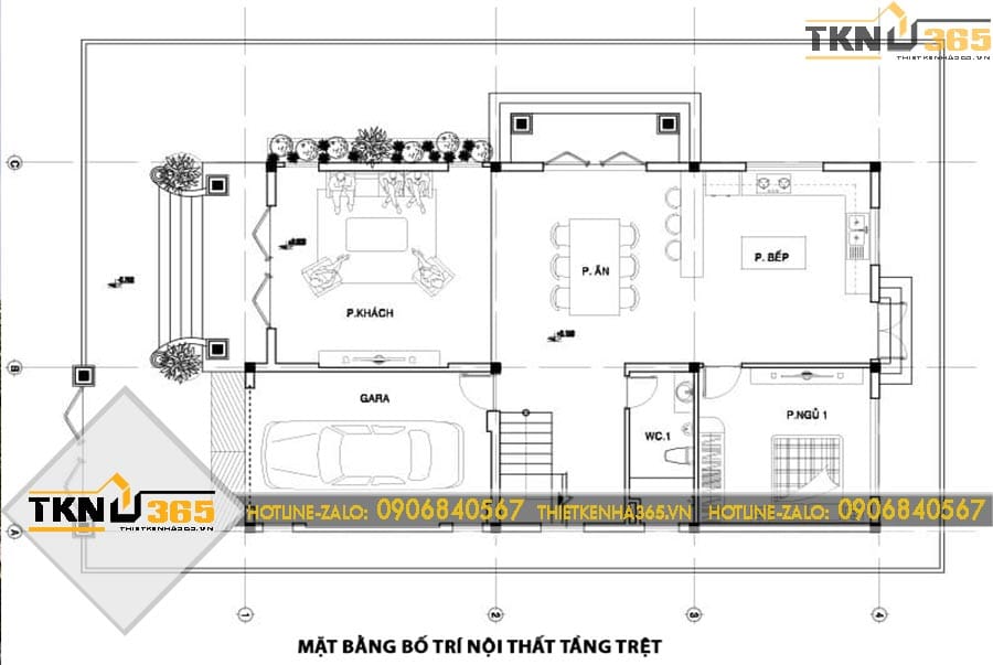 Mặt bằng tầng trệt của biệt thự 3 tầng bố trí gara, phòng khách, bếp ăn và phòng ngủ khoa học, thuận tiện cho sinh hoạt hàng ngày