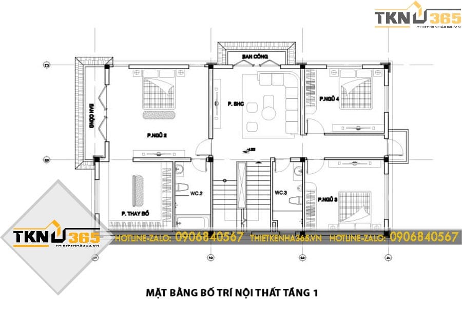 Mặt bằng lầu 1 của biệt thự 3 tầng gồm ba phòng ngủ, phòng thay đồ và phòng sinh hoạt chung, đáp ứng nhu cầu nghỉ ngơi của gia đình nhiều thế hệ
