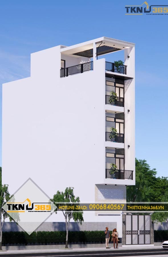 Nhà phố 5 tầng kết hợp ban công xếp tầng, hệ cửa kính lớn và sân thượng có lam che nắng, tạo tổng thể hiện đại và thông thoáng