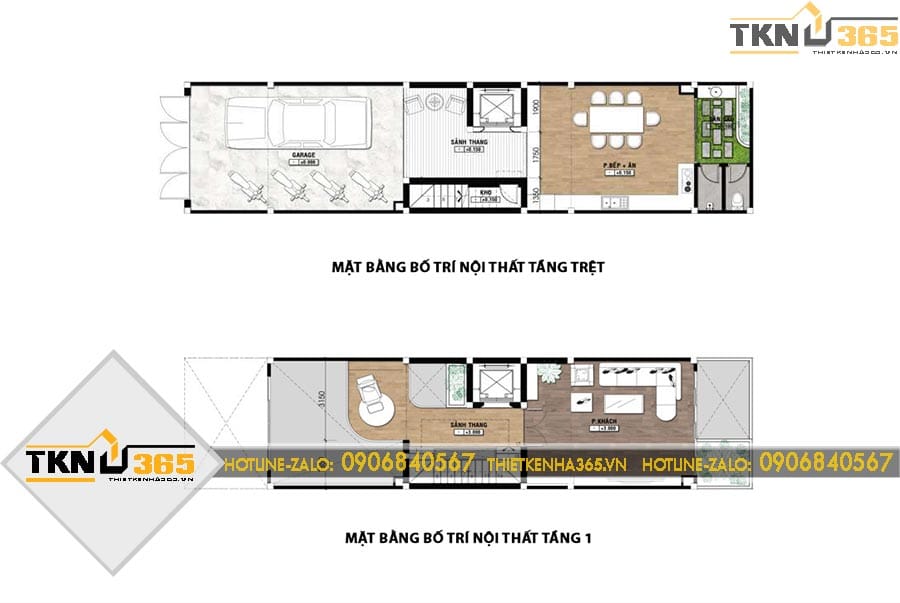 Mặt bằng tầng trệt và tầng một của nhà phố 6 tầng bố trí gara, bếp ăn và phòng khách tách biệt, đáp ứng nhu cầu sinh hoạt và tiếp khách