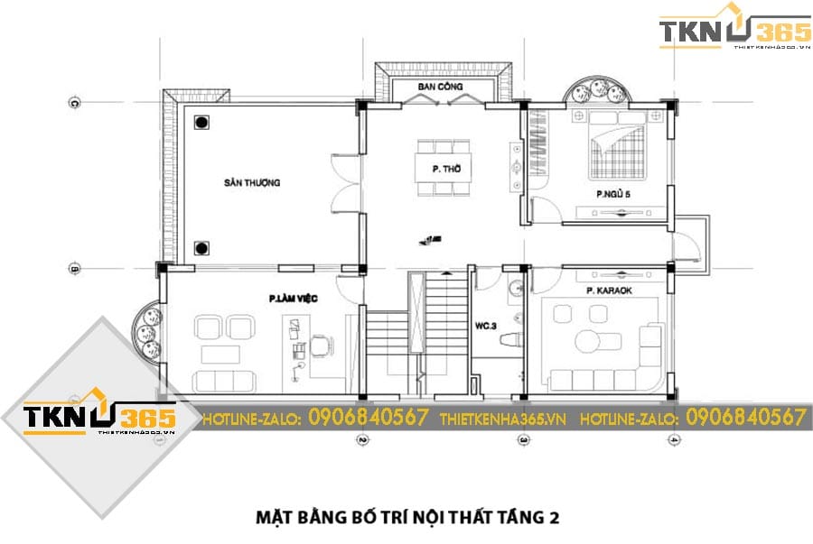 Lầu 2 của biệt thự 3 tầng tích hợp phòng thờ, phòng làm việc, phòng karaoke và sân thượng rộng, mở rộng không gian thư giãn và giải trí cho cả gia đình