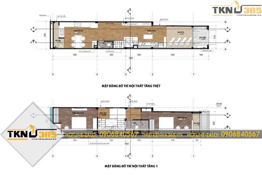 Mặt bằng tầng trệt và tầng một của nhà phố 4 tầng bố trí không gian sinh hoạt chung cùng hai phòng ngủ khoa học và thuận tiện