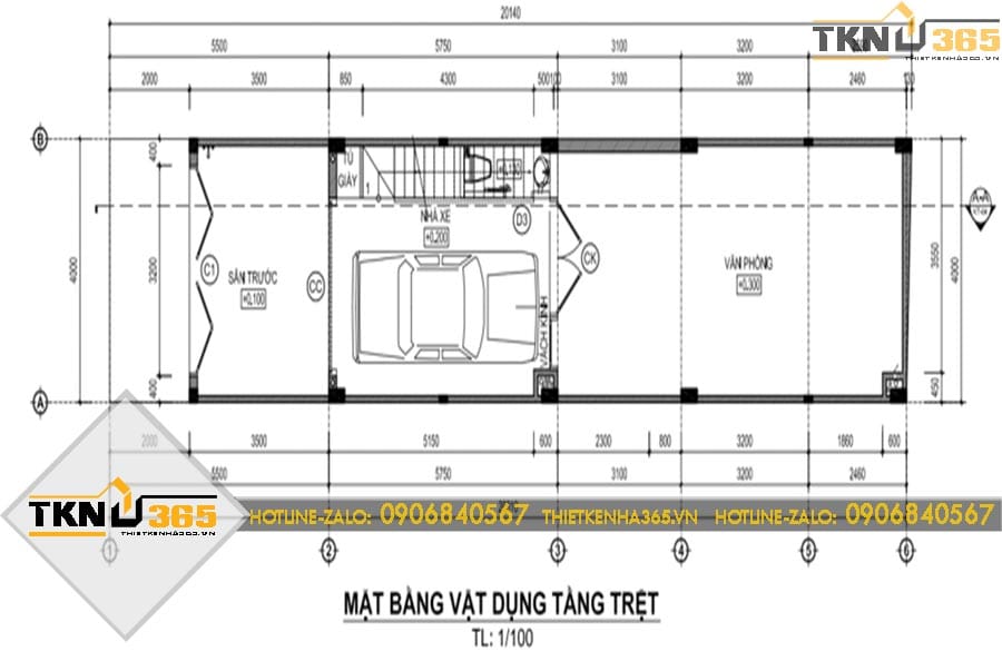 Mặt bằng tầng trệt nhà phố 5 tầng bố trí sân trước, gara và văn phòng nhằm tách biệt khu vực làm việc với không gian sinh hoạt