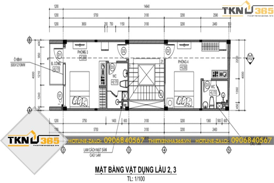 Mặt bằng lầu 2 và lầu 3 của nhà phố 5 tầng tiếp tục duy trì bố cục hai phòng ngủ mỗi tầng để tối ưu công năng sử dụng