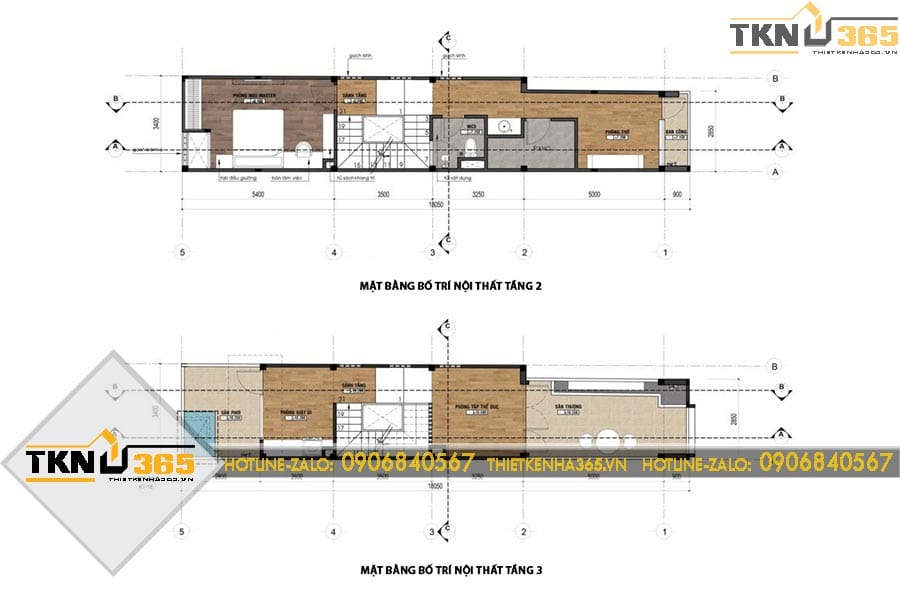 Mặt bằng tầng hai và tầng ba của nhà phố 4 tầng kết hợp phòng ngủ, phòng tập thể dục, phòng thờ và sân thượng đáp ứng nhu cầu sử dụng lâu dài