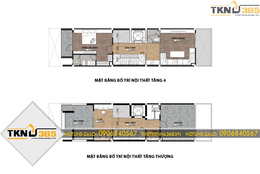 Mặt bằng tầng bốn và tầng thượng của nhà phố 6 tầng kết hợp phòng ngủ khách, phòng karaoke, phòng thờ và sân phơi phục vụ đầy đủ nhu cầu sử dụng