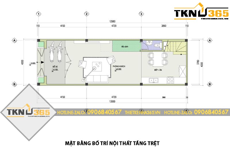 Mặt bằng tầng trệt của nhà phố 3 tầng bố trí phòng khách, bếp ăn liên thông và khoảng để xe phía trước nhằm tối ưu diện tích sử dụng