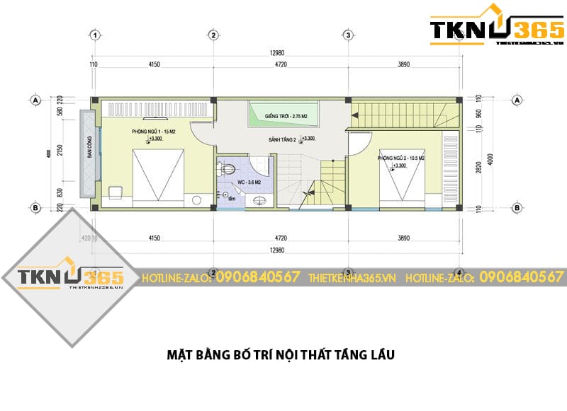 Mặt bằng tầng lầu của nhà phố 3 tầng gồm hai phòng ngủ rộng khoảng 15m2 kết hợp giếng trời giúp tăng khả năng lấy sáng và thông gió