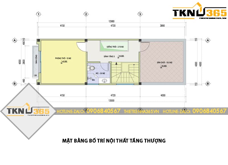 Mặt bằng tầng thượng của nhà phố 3 tầng dành không gian cho phòng thờ trang nghiêm và sân thượng rộng phục vụ sinh hoạt ngoài trời
