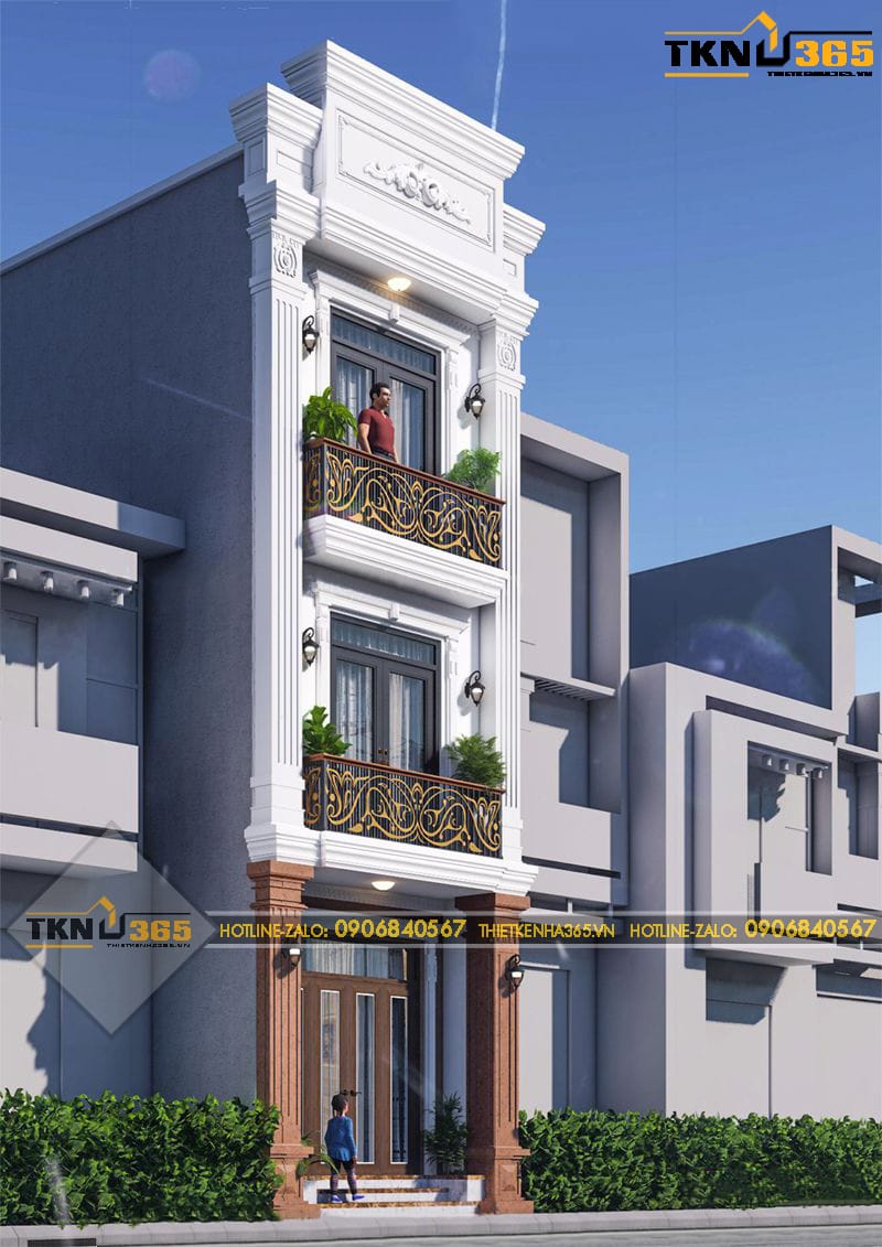Nhà phố 3 tầng nổi bật với gam màu trắng chủ đạo kết hợp chân tường ốp đá, tạo nên tổng thể thanh lịch và bền vững theo thời gian