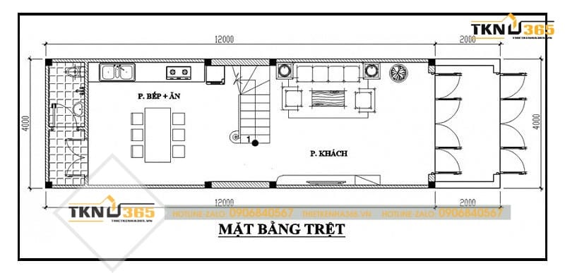 bản vẽ thiết kế nhà ống 2 tầng 4x12m