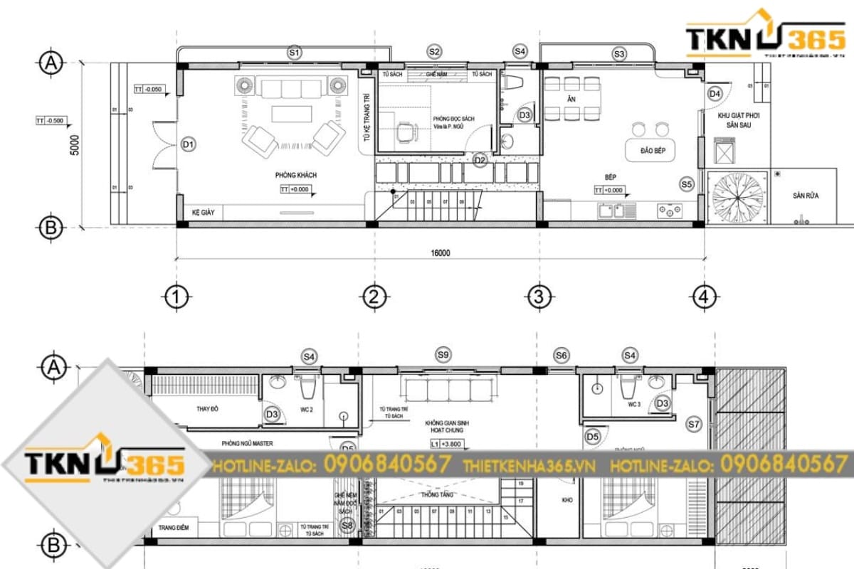 thiết kế nhà diện tích 5x16m 2 tầng 3 phòng ngủ