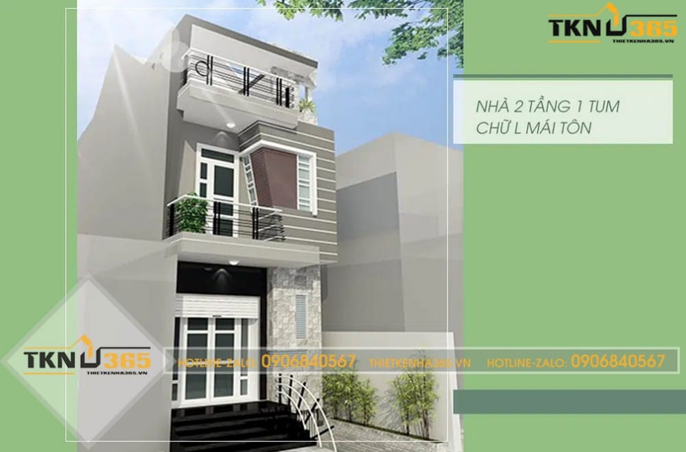 nhà 2 tầng 1 tum mái tôn