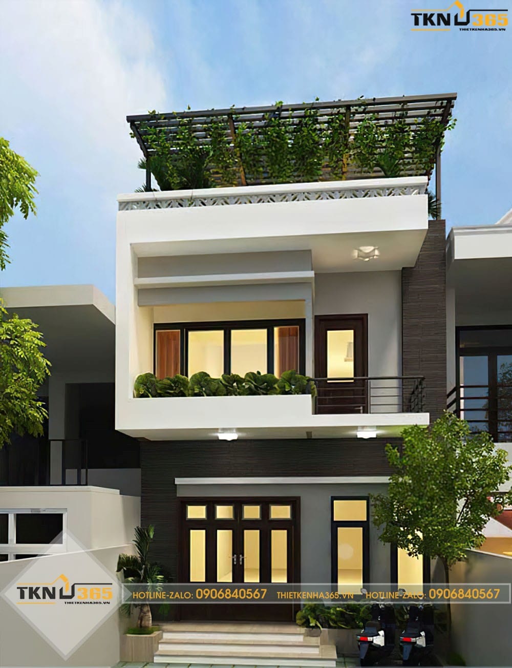 nhà 2 tầng 1 tum mái tôn