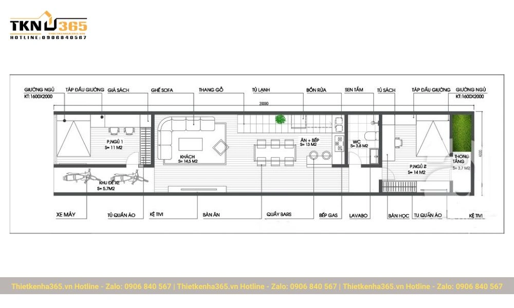 Bản vẽ nhà ống 1 tầng 2 phòng ngủ 