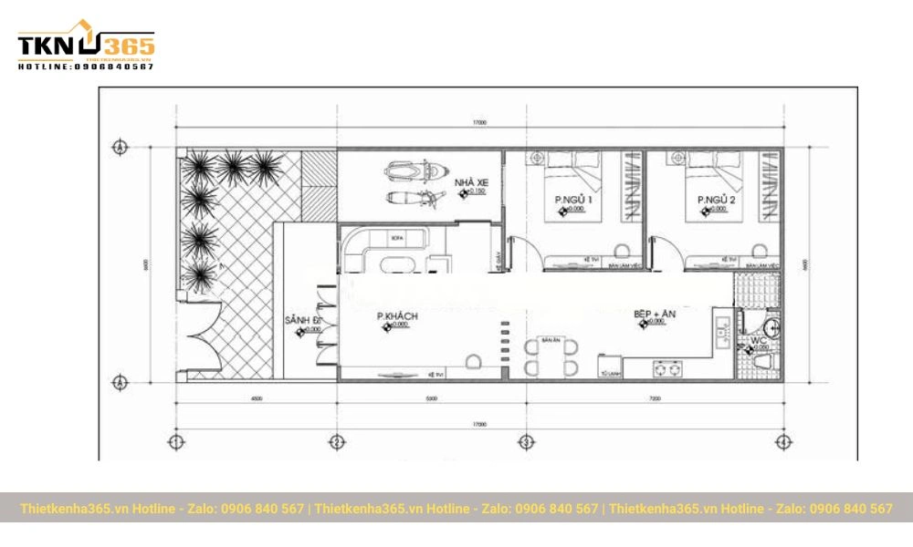 Bản thiết kế nhà ống 1 tầng 2 phòng ngủ 