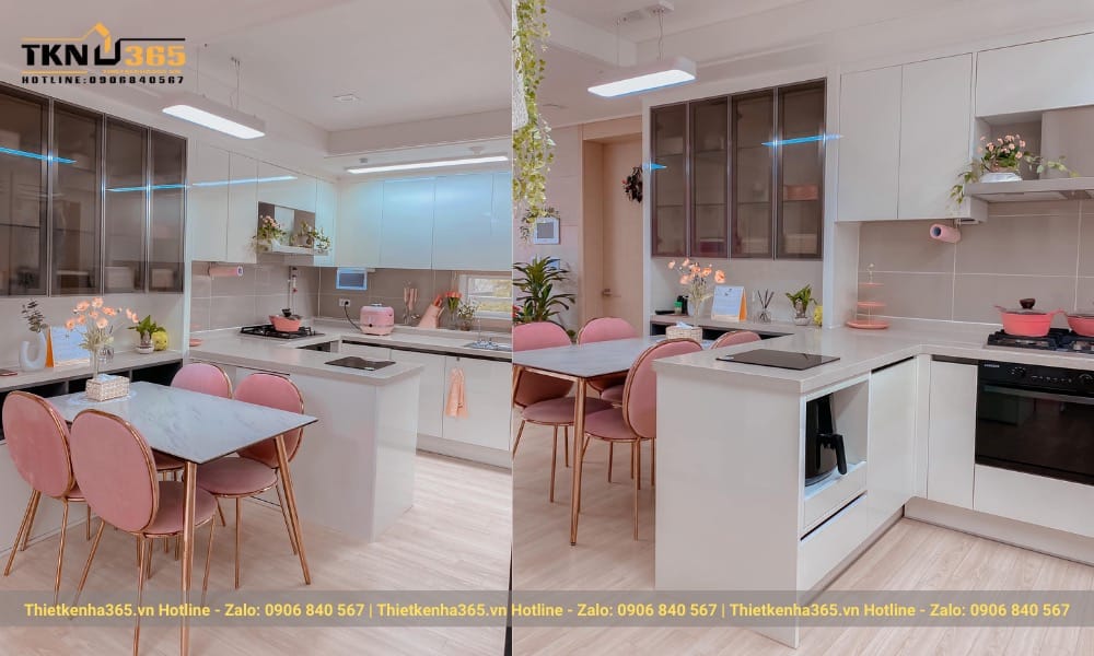 Khu vực bếp nấu, tủ chứa đồ, bàn ăn được sắp xếp gọn gàng, khoa học trong không gian có diện tích không quá lớn