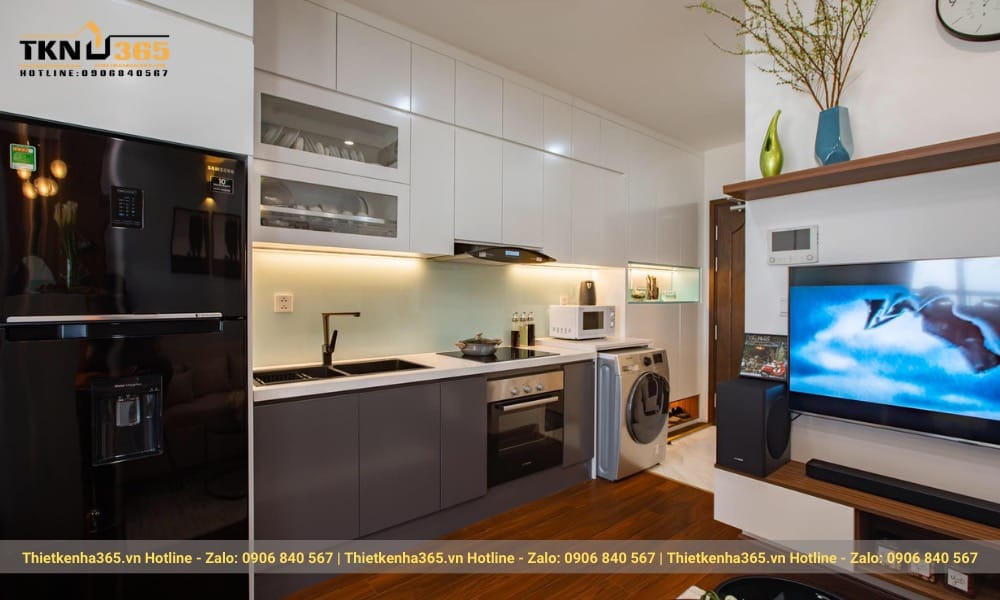 Công trình nội thất nhà bếp chữ I kịch trần cho căn hộ studio