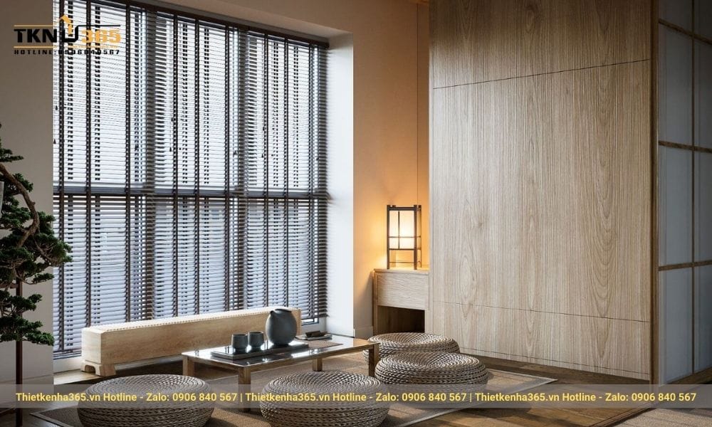 Thi công nội thất phòng khách nhà phố kiểu Nhật