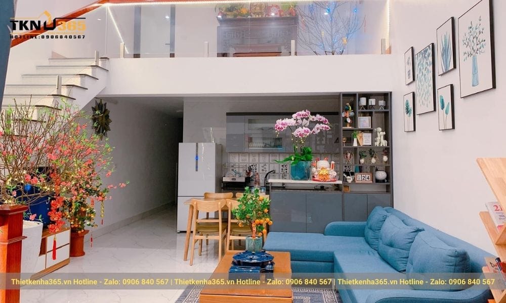 Thi công nội thất phòng khách có gác lửng