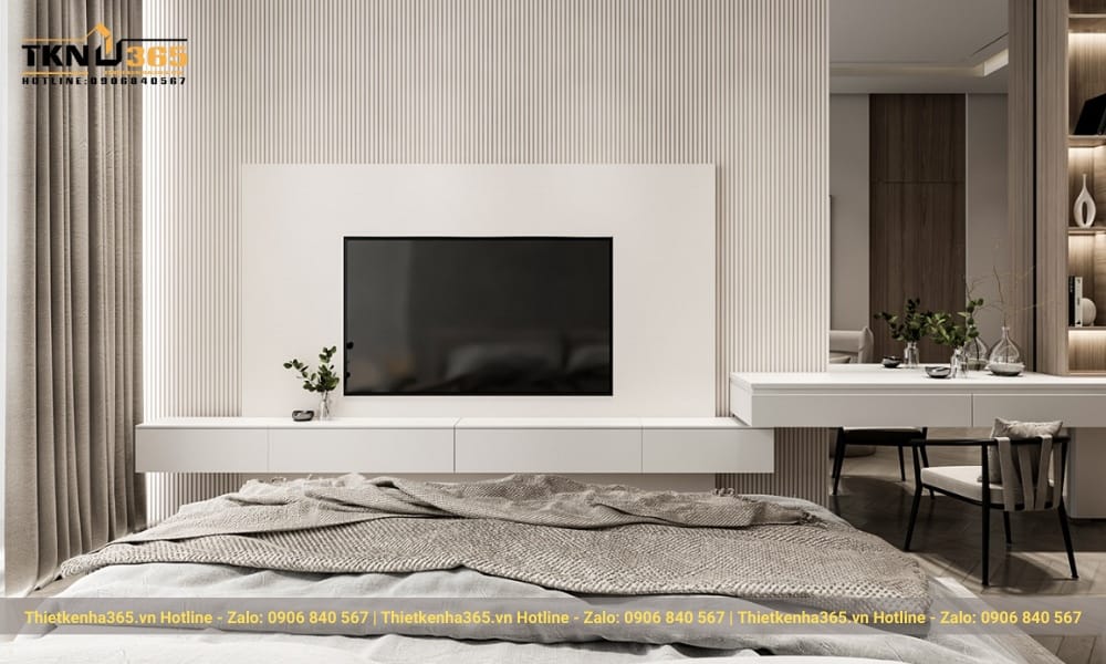 Phong cách nội thất tối giản: 7+ mẹo tinh gọn ngôi nhà hiện đại 52 Đối diện giường ngủ là hệ kệ tivi kết hợp với bàn trang điểm màu trắng trang nhã.