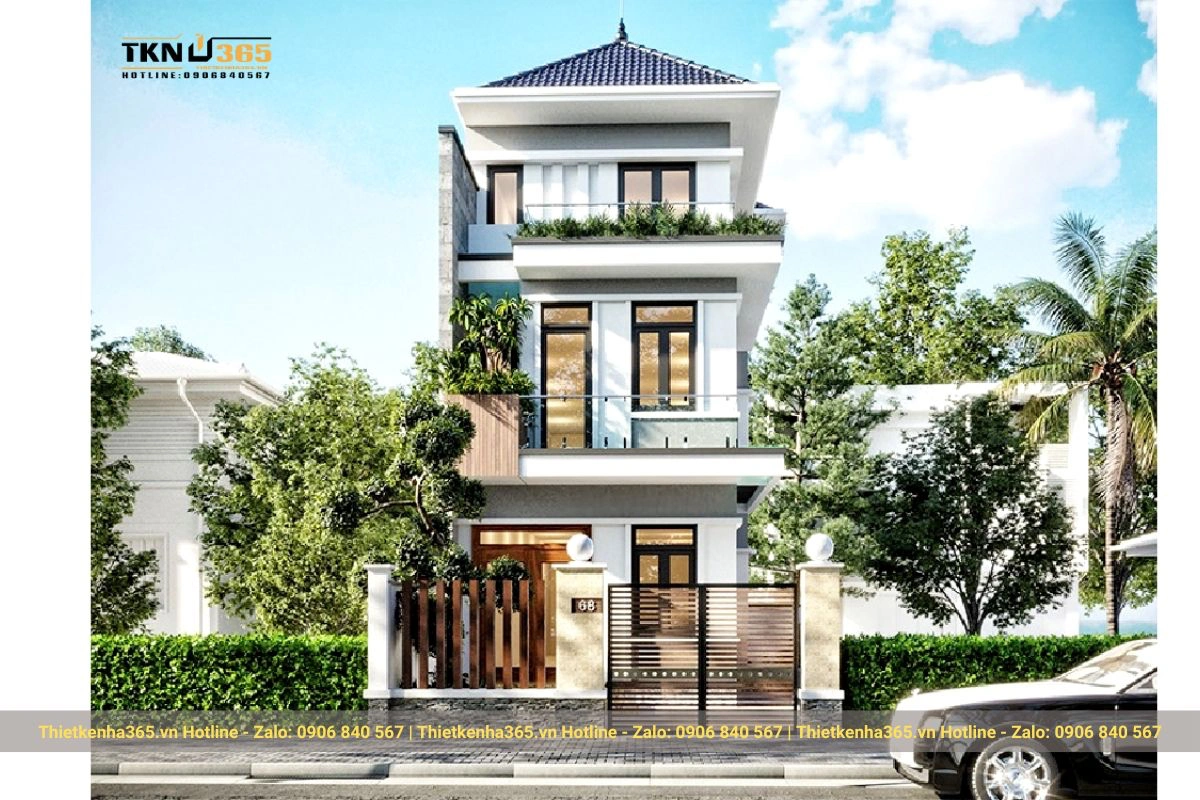 Mặt tiền nhà phố đẹp ấn tượng với mái Nhật truyền thống 