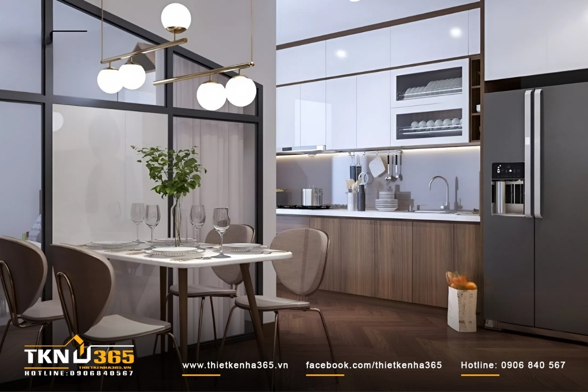 Phối cảnh phòng khách và phòng bếp trong căn hộ chung cư 64m2