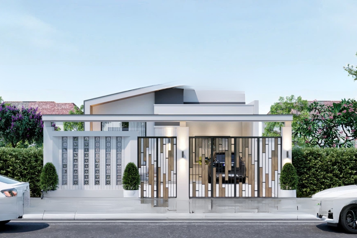 Mẫu nhà cấp 4 mái bằng có gara ô tô sang trọng và khoa học