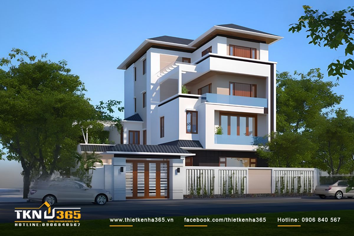 (Hệ thống cổng và tường rào được thiết kế đồng bộ với các lam đứng thông thoáng, kết hợp mái che cổng lợp ngói xanh đen sang trọng bảo vệ không gian sống bên trong)
