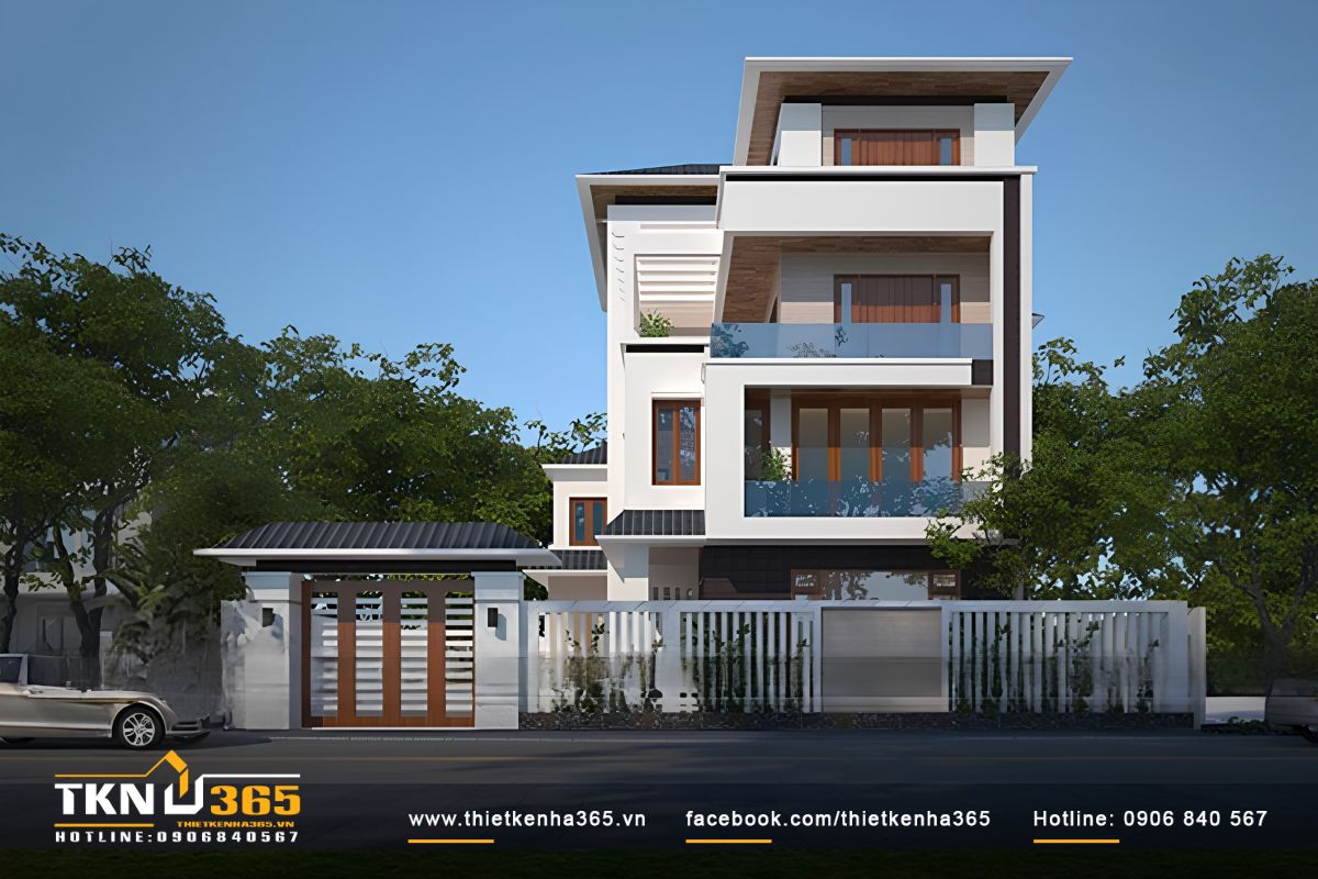 Phối cảnh mặt tiền biệt thự 4 tầng 12x17m với các mảng khối vuông vức, nổi bật nhờ đường viền đen chạy dọc thân nhà và hệ mái dốc thanh lịch.