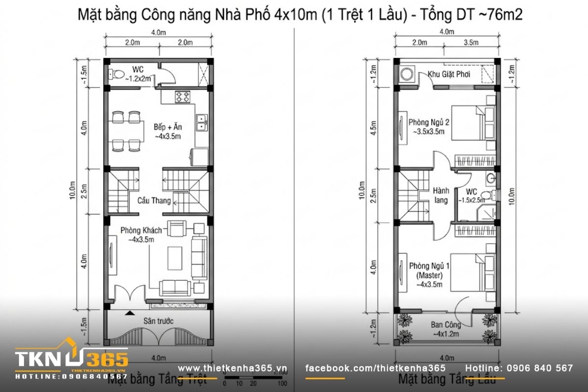 Thiết kế nhà 4x10: Giải pháp tối ưu diện tích 40m2 & Dự toán chi phí 2026 55 bản vẽ mặt bằng nhà 1 trệt 1 lầu 4x10m