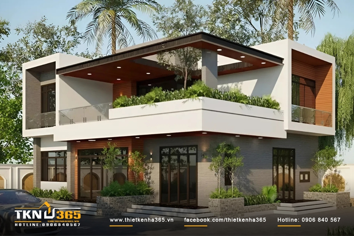 Mẫu biệt thự 2 tầng 1 tum mái bằng mang lại không gian sống hiện đại và tiện nghi