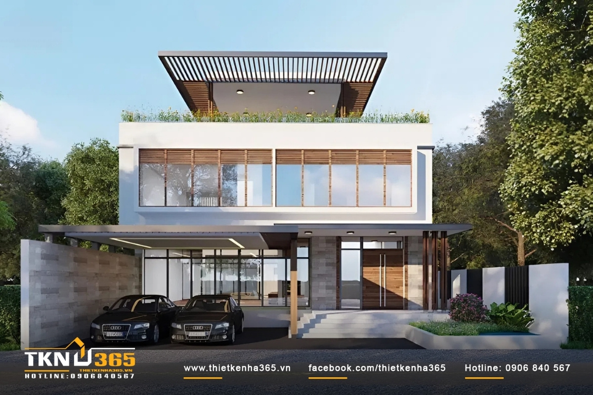 Khám phá mẫu biệt thự 2 tầng 1 tum hiện đại với mái bằng độc đáo và tiện nghi