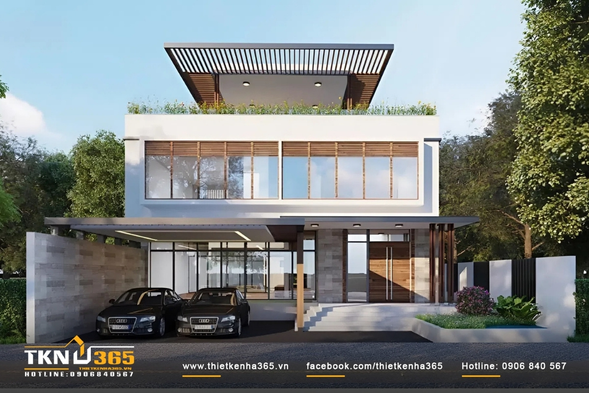Mẫu biệt thự 2 tầng mái bằng hiện đại có 5PN có gara ô tô