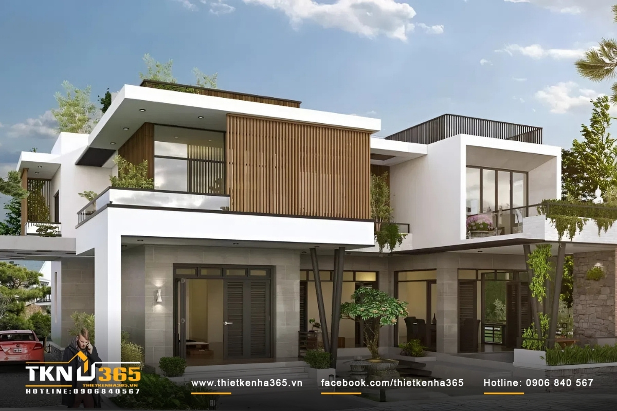 Mẫu biệt thự 2 tầng mái bằng, đầy đủ sân/gara ô tô