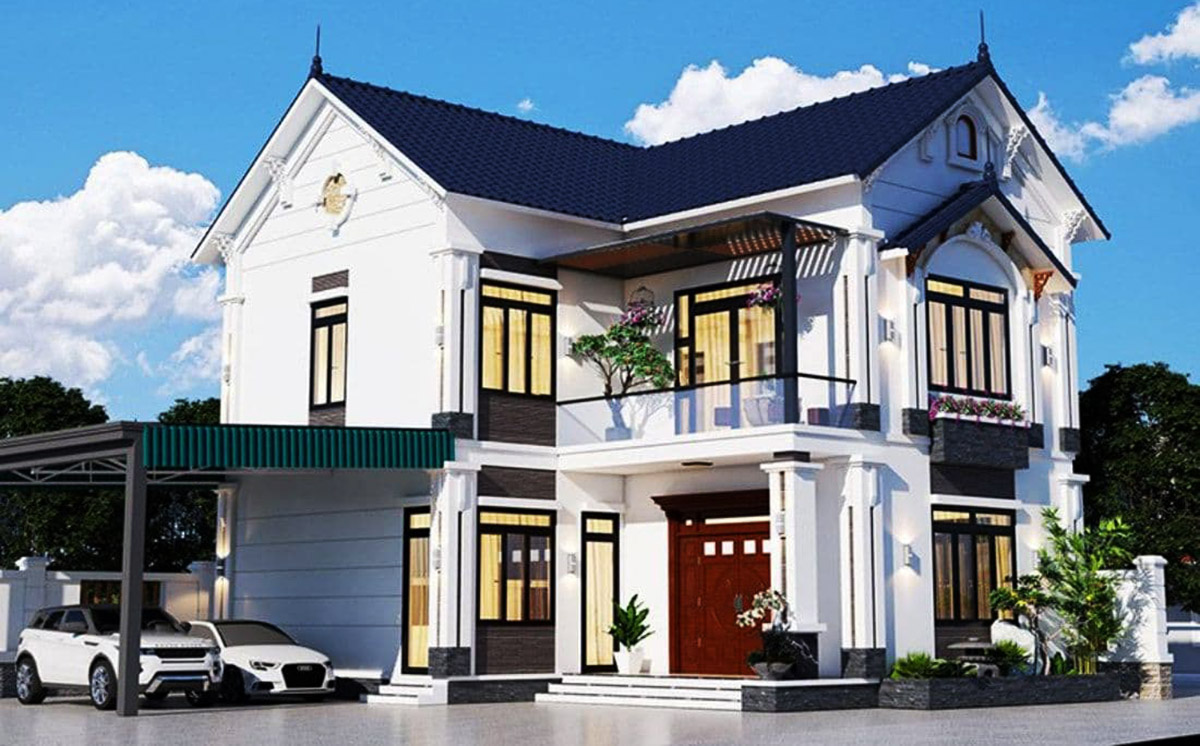 Mẫu nhà 2 tầng mái tôn đẹp hình khối cùng mái chữ A