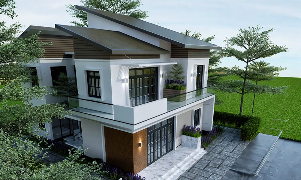 Mẫu nhà 2 tầng mái tôn đẹp nhiều cấp độc đáo, tôn hợp màu xám kết hợp với vách cam trẻ trung