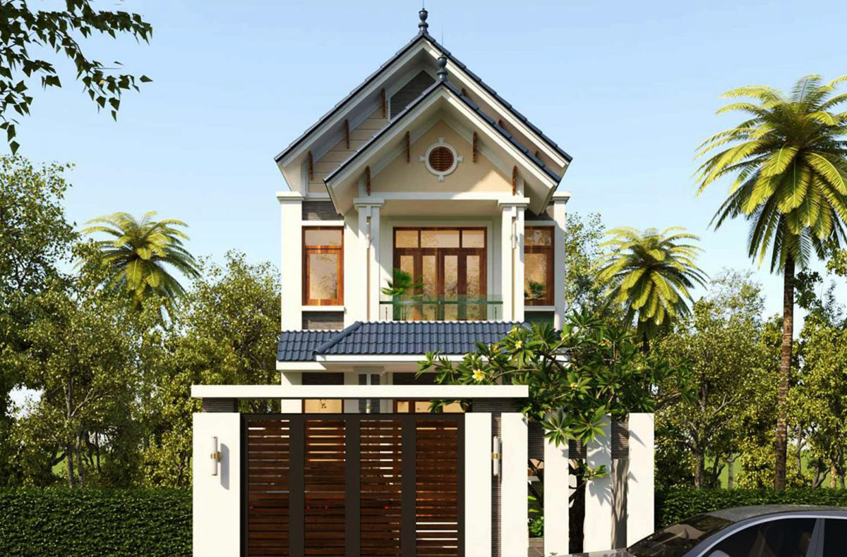 Mẫu nhà 2 tầng mái tôn đẹp với 3 phòng ngủ có thể kết hợp cùng kiểu mái chéo để ăn gian phần không gian
