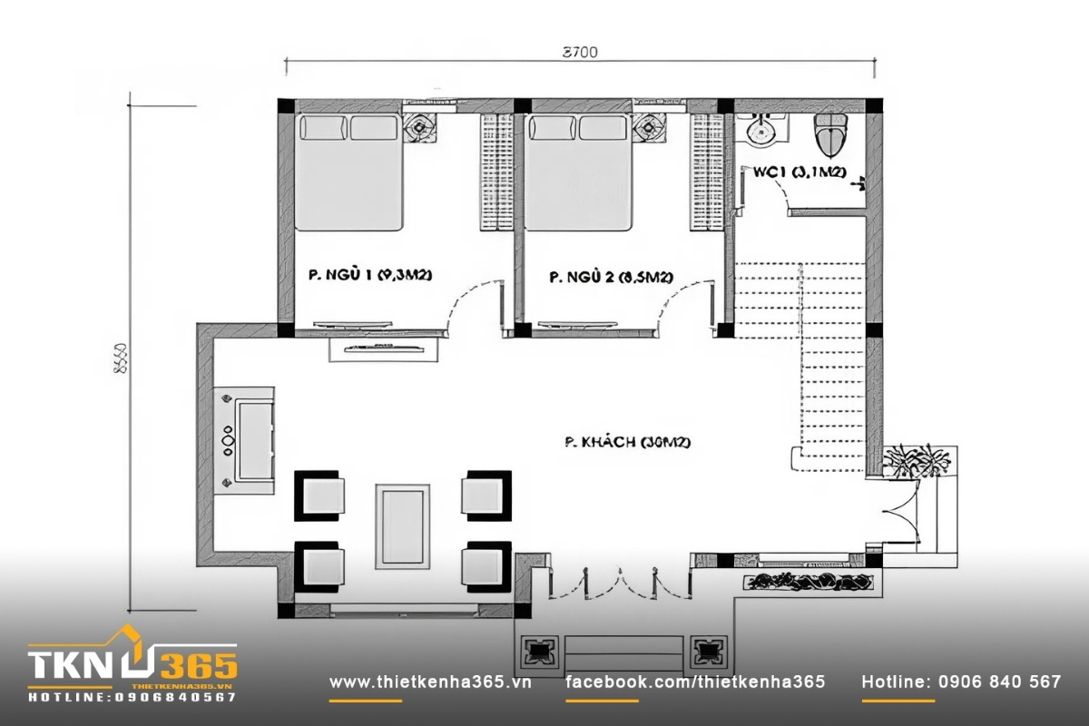 Bản vẽ chi tiết nhà cấp 4 2 phòng ngủ
