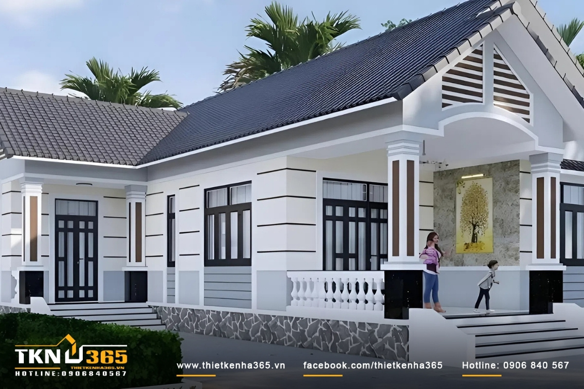 Không gian sân vườn của nhà cấp 4 3 phòng ngủ thoáng đãng phía bên ngoài