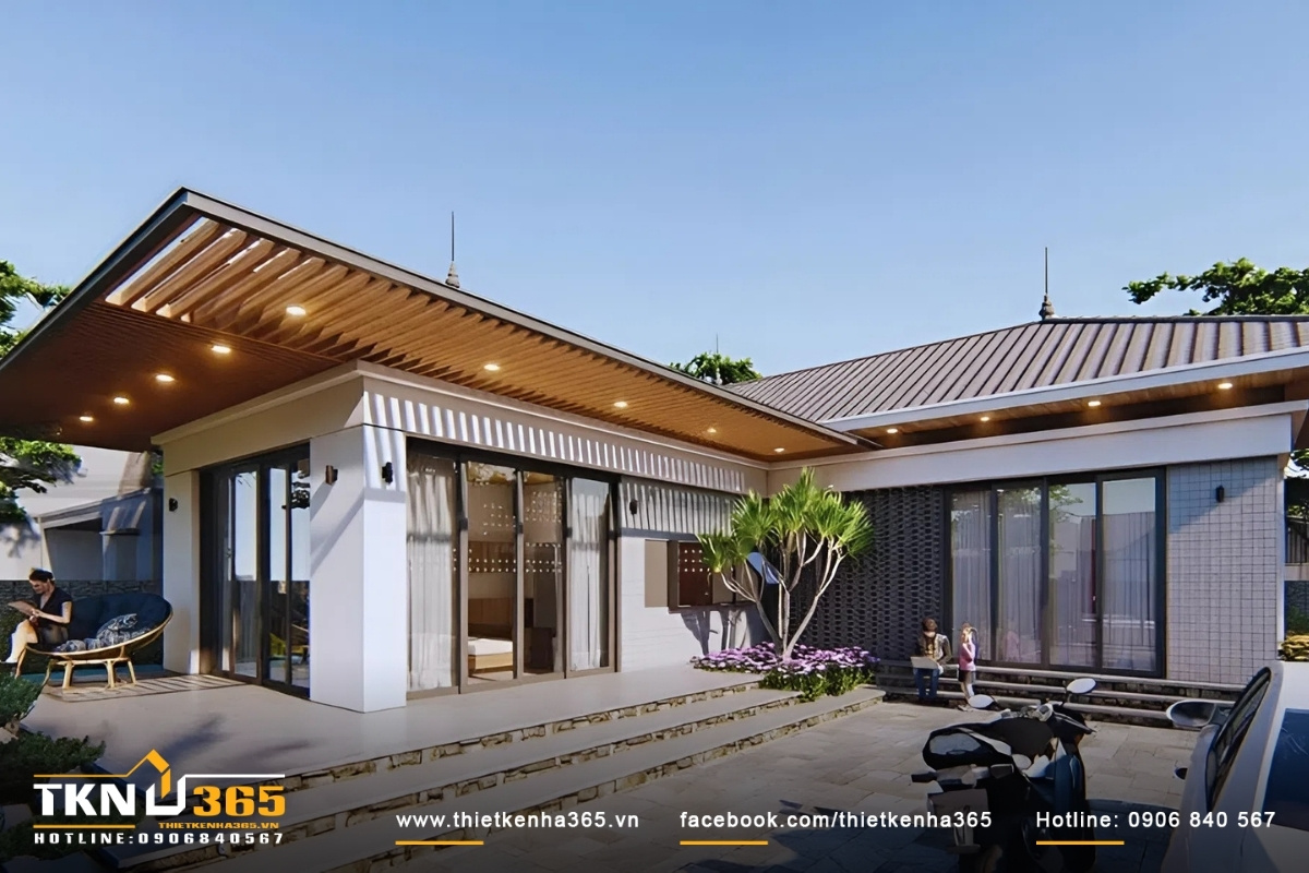Mẫu thiết kế nhà cấp 4 kết hợp sân vườn, mang hơi hướng hiện đại