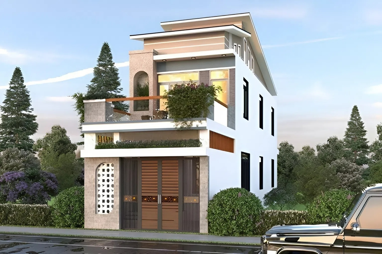 Thiết kế mặt tiền nhà phố 6m, mái lệch có 2 tầng (ảnh: sưu tầm)